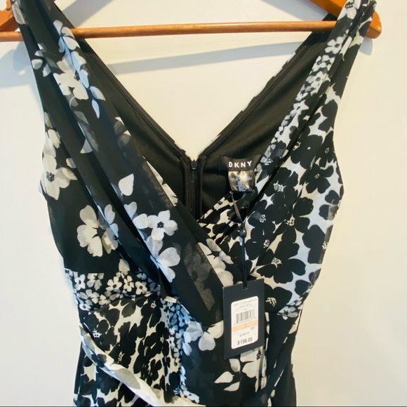 NWT DKNY Mixed Floral Chiffon V-Neck Midi Wrap Dress (Black size 2) - Picture 2 of 6